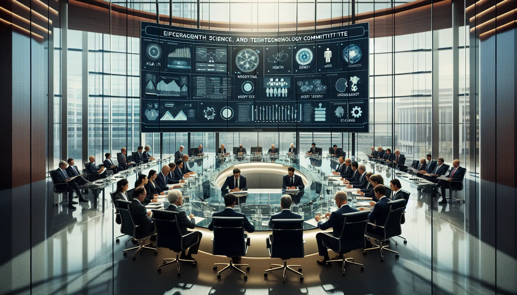 diverse lawmakers discussing science and technology legislation in a modern office.