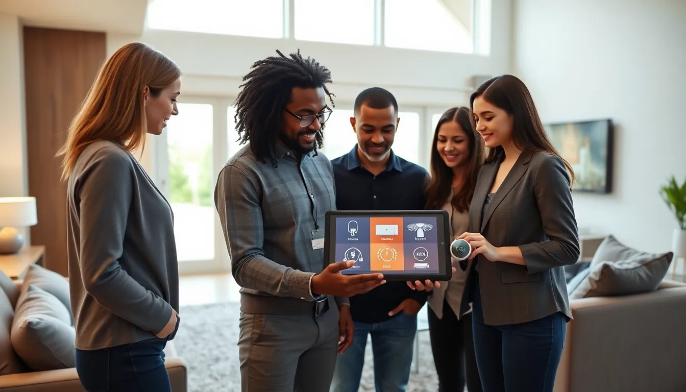 diverse team of builders examining smart home technology in a modern living room.