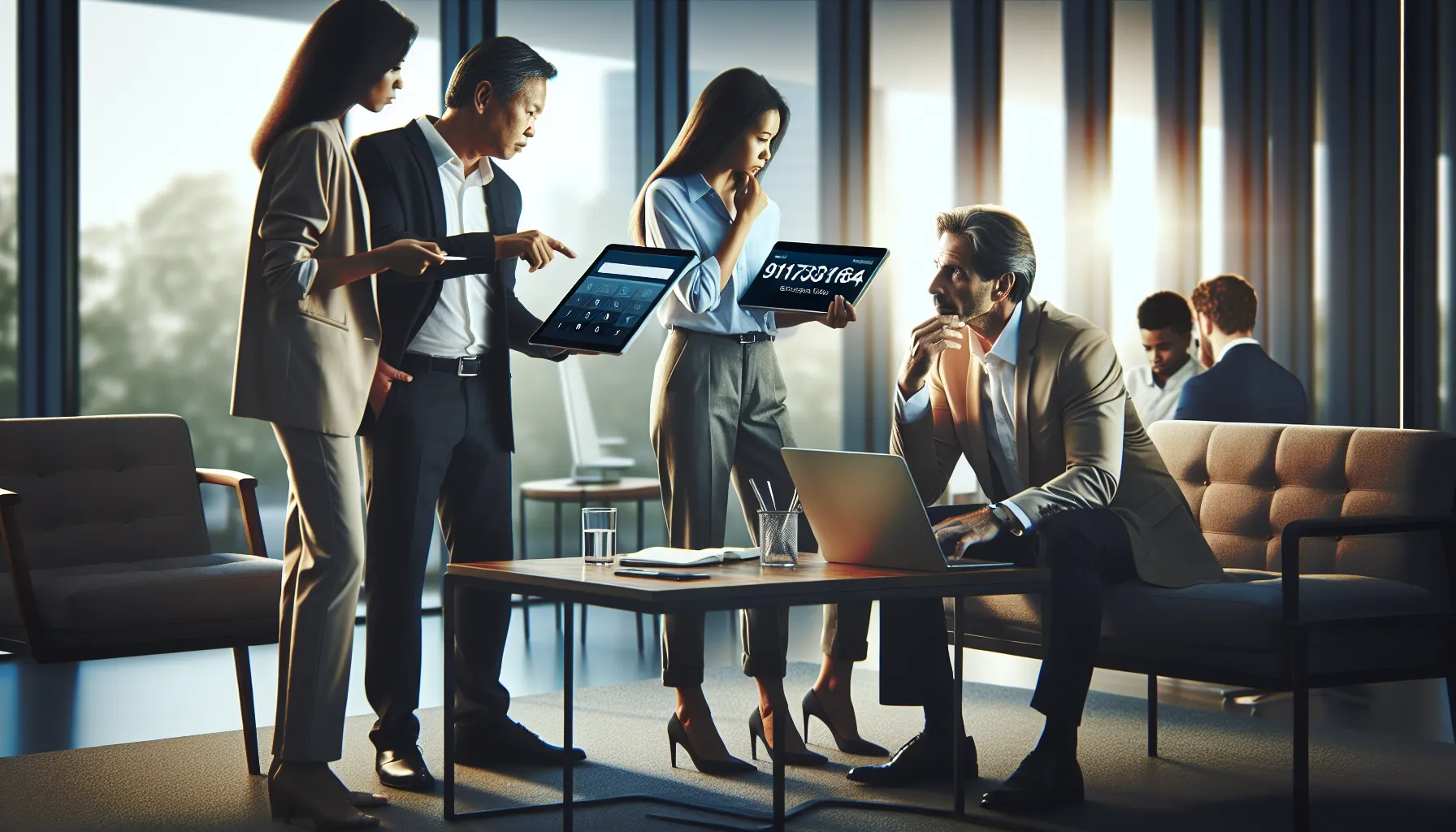 professionals researching a phone number in a modern office.