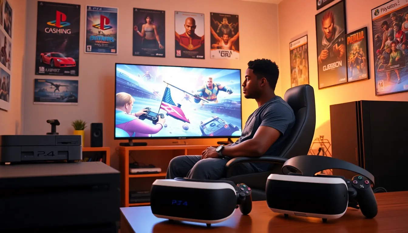 gamer surrounded by various PlayStation consoles and gadgets in a modern gaming room.