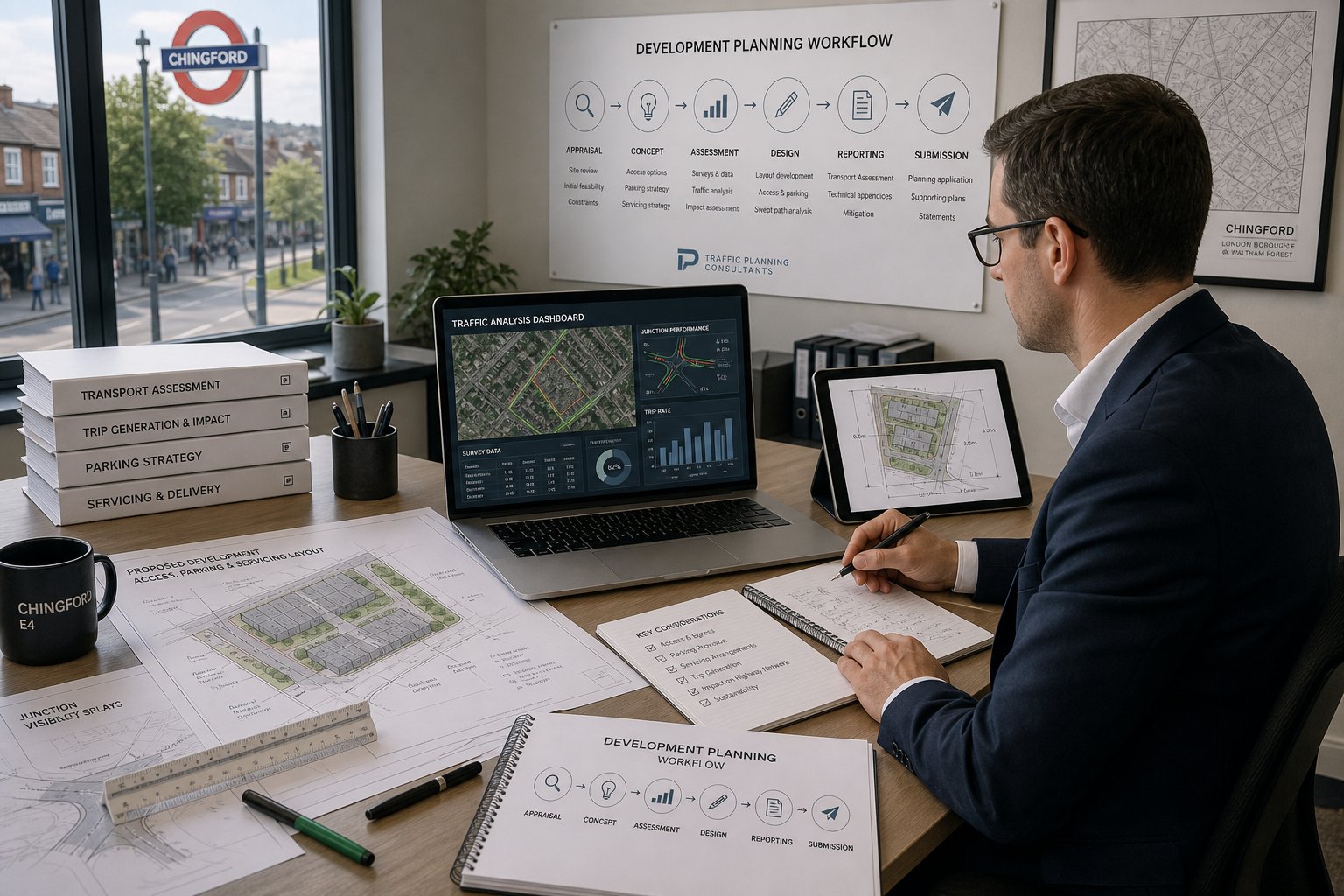 Traffic engineer reviewing transport plans and survey data in a modern office.