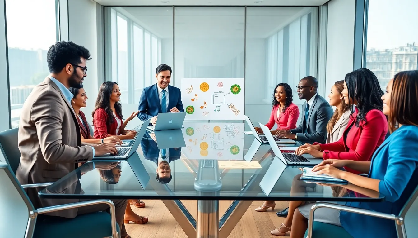 diverse professionals discussing cultural diffusion in a modern conference room.