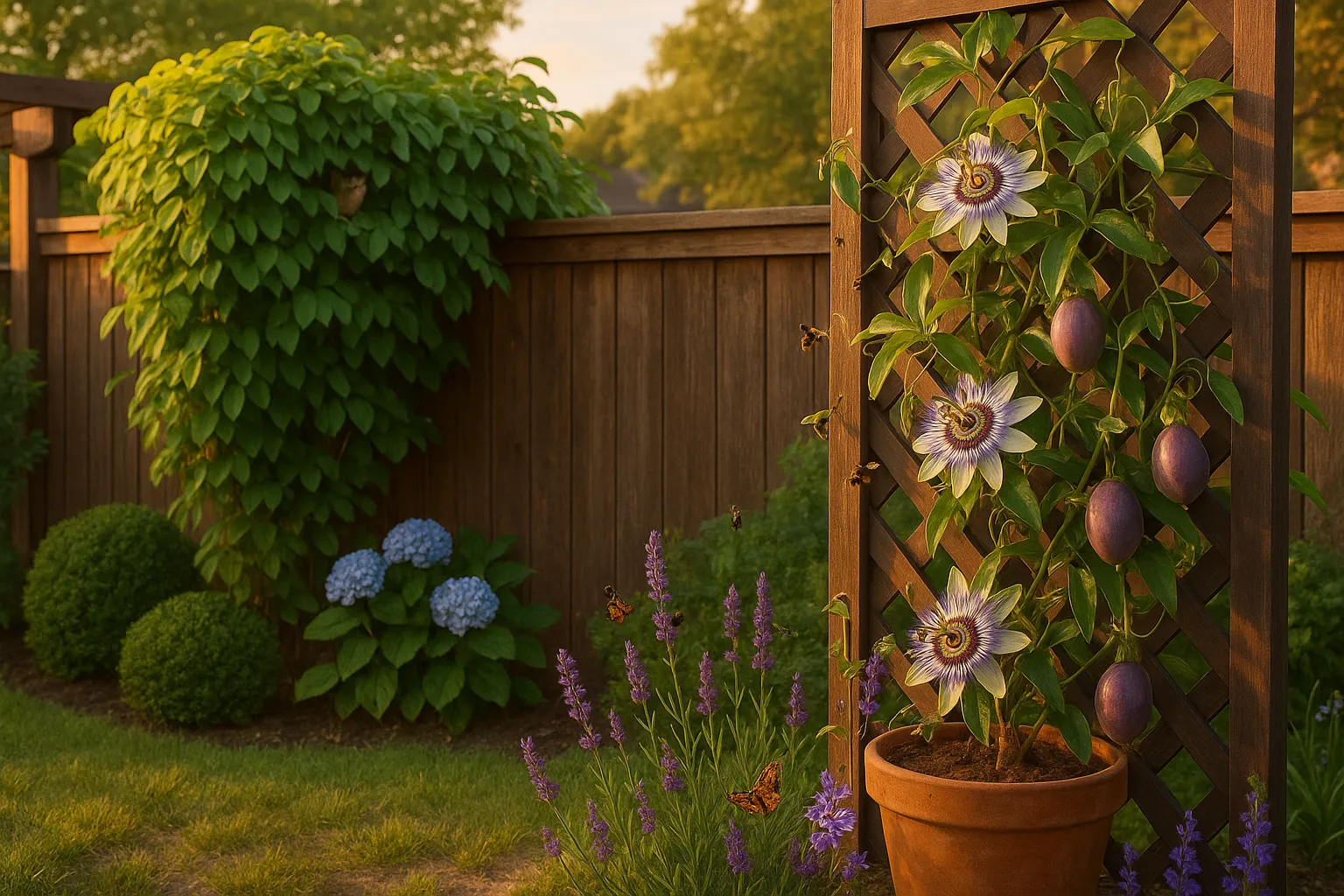 Passiflora trellis with passionflowers and fruit beside Akebia privacy screen