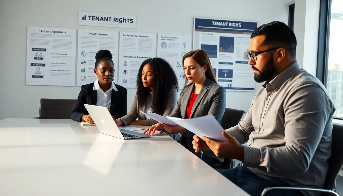 diverse team discussing tenant rights in a modern office.