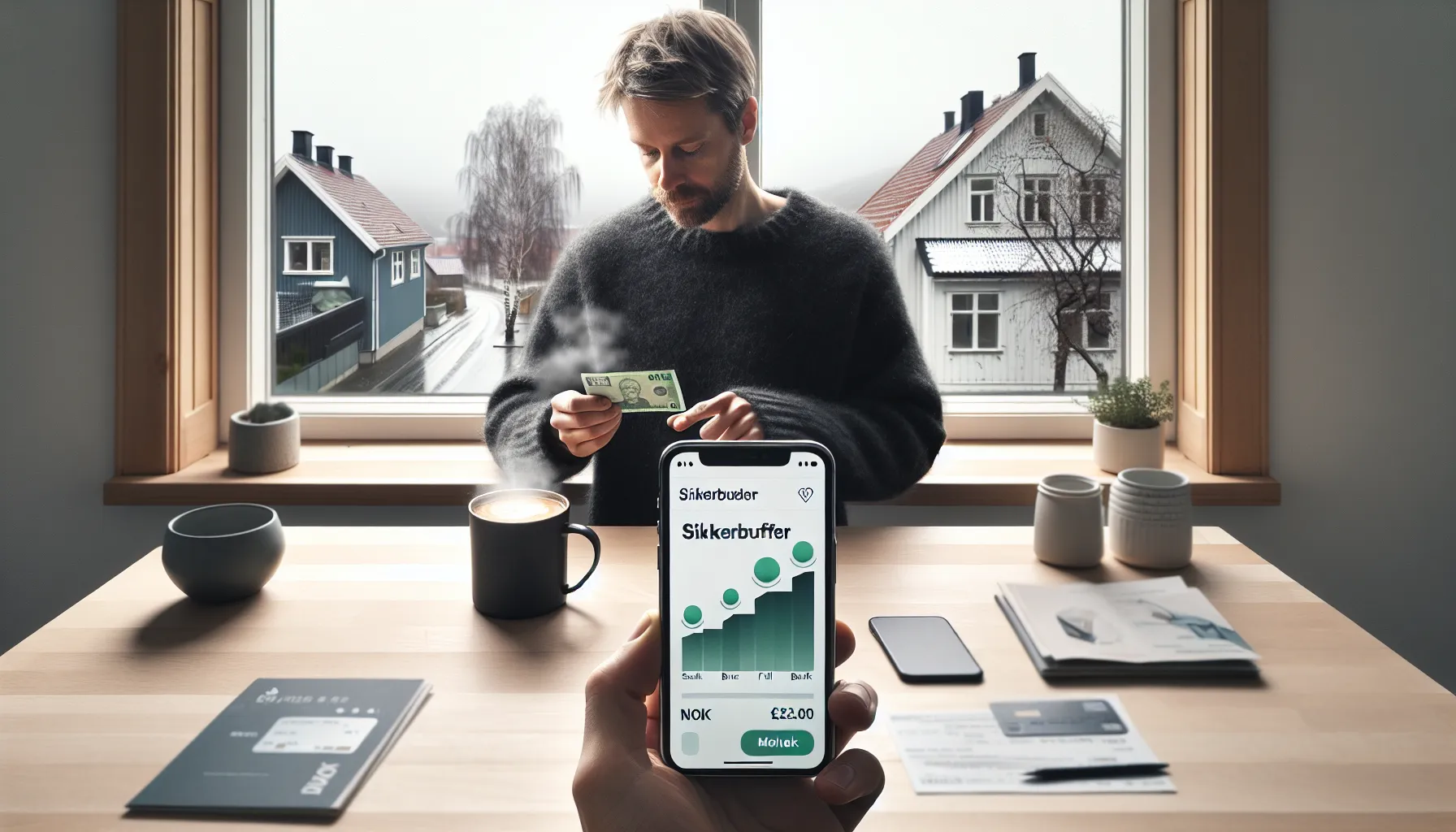 Hvordan bygge en økonomisk buffer for uforutsette utgifter 2 Norwegian adult checks safety savings on phone beside repair bill and card.