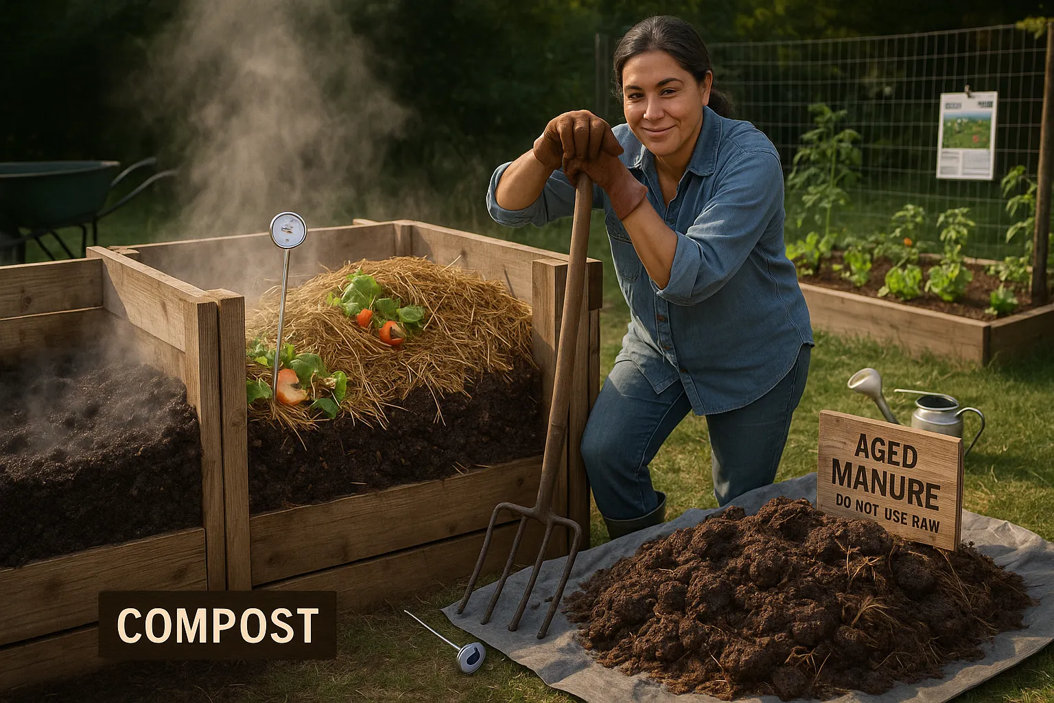 Woman inspecting steaming compost pile beside a pile of aged manure in backyard garden.