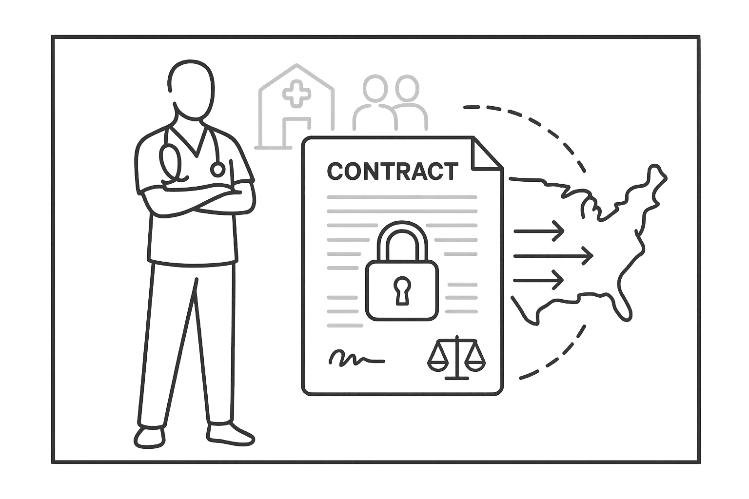 A PA figure blocked by a locked contract and dashed geographic boundary of Physician Assistant Non-Compete Agreements Explained.