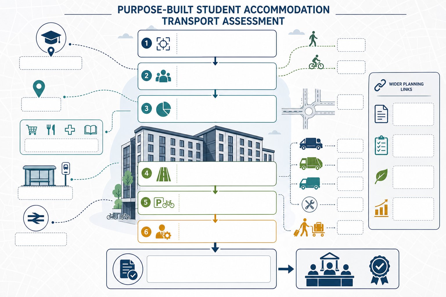 Infographic of key elements in a UK student housing transport assessment.