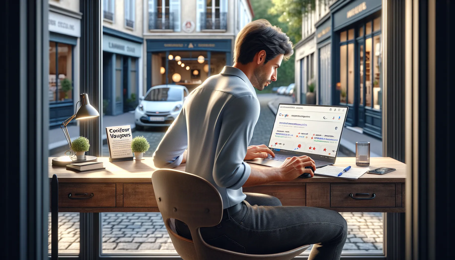French business owner checks local Google results for Vaujours services on laptop.