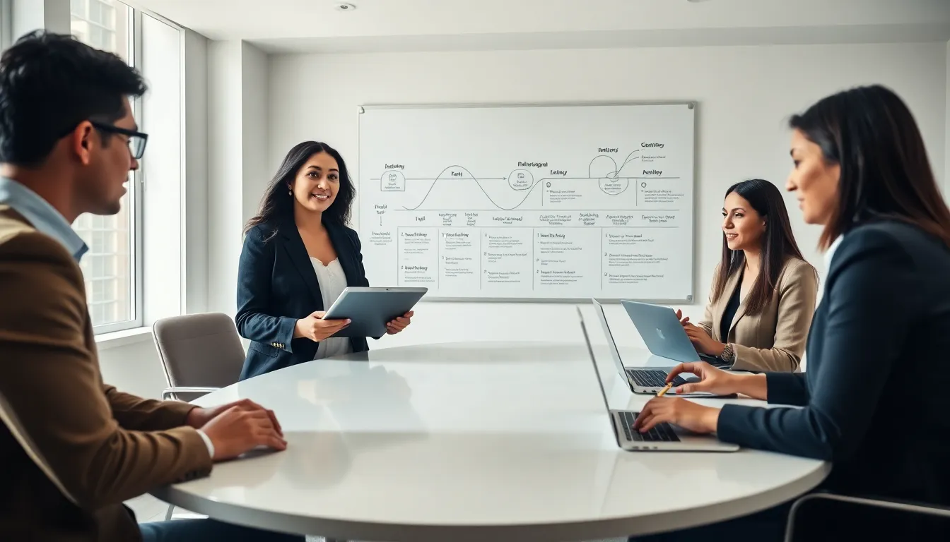diverse team discussing historical concepts in a bright office.