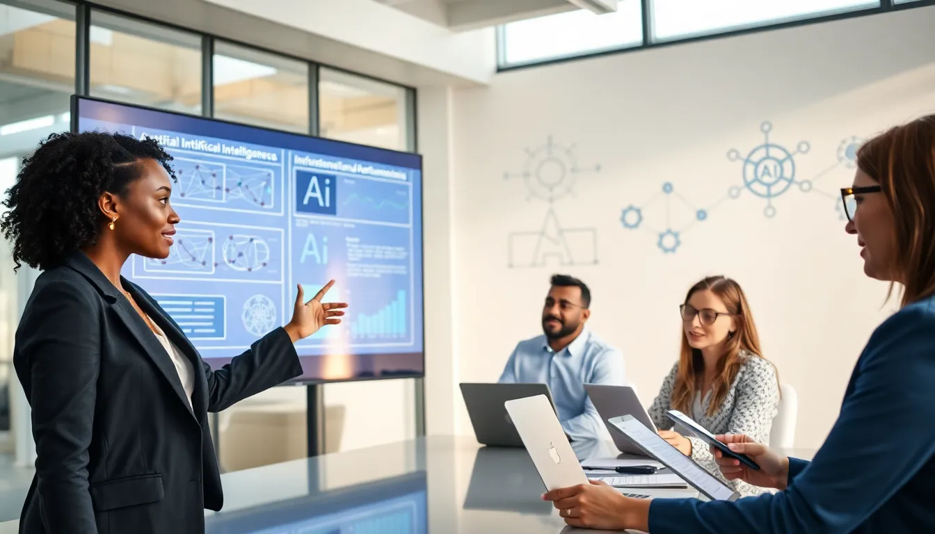 diverse professionals discussing artificial intelligence in a modern office.