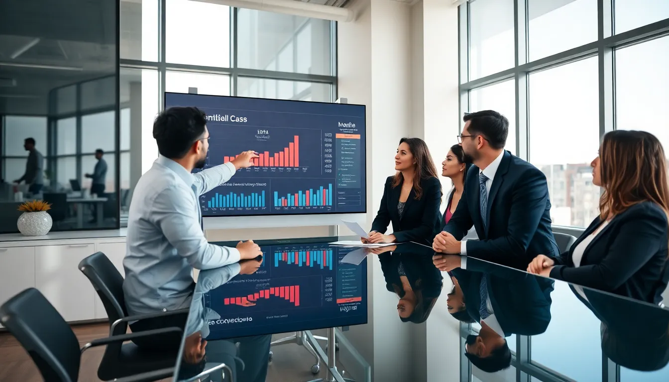 diverse professionals analyzing data in a modern office.