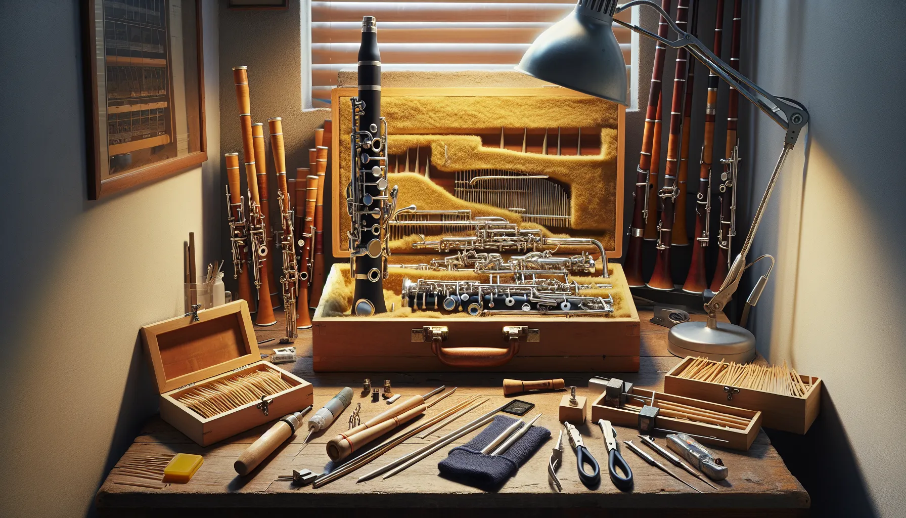 A clarinet and oboe on a cleaning workstation.