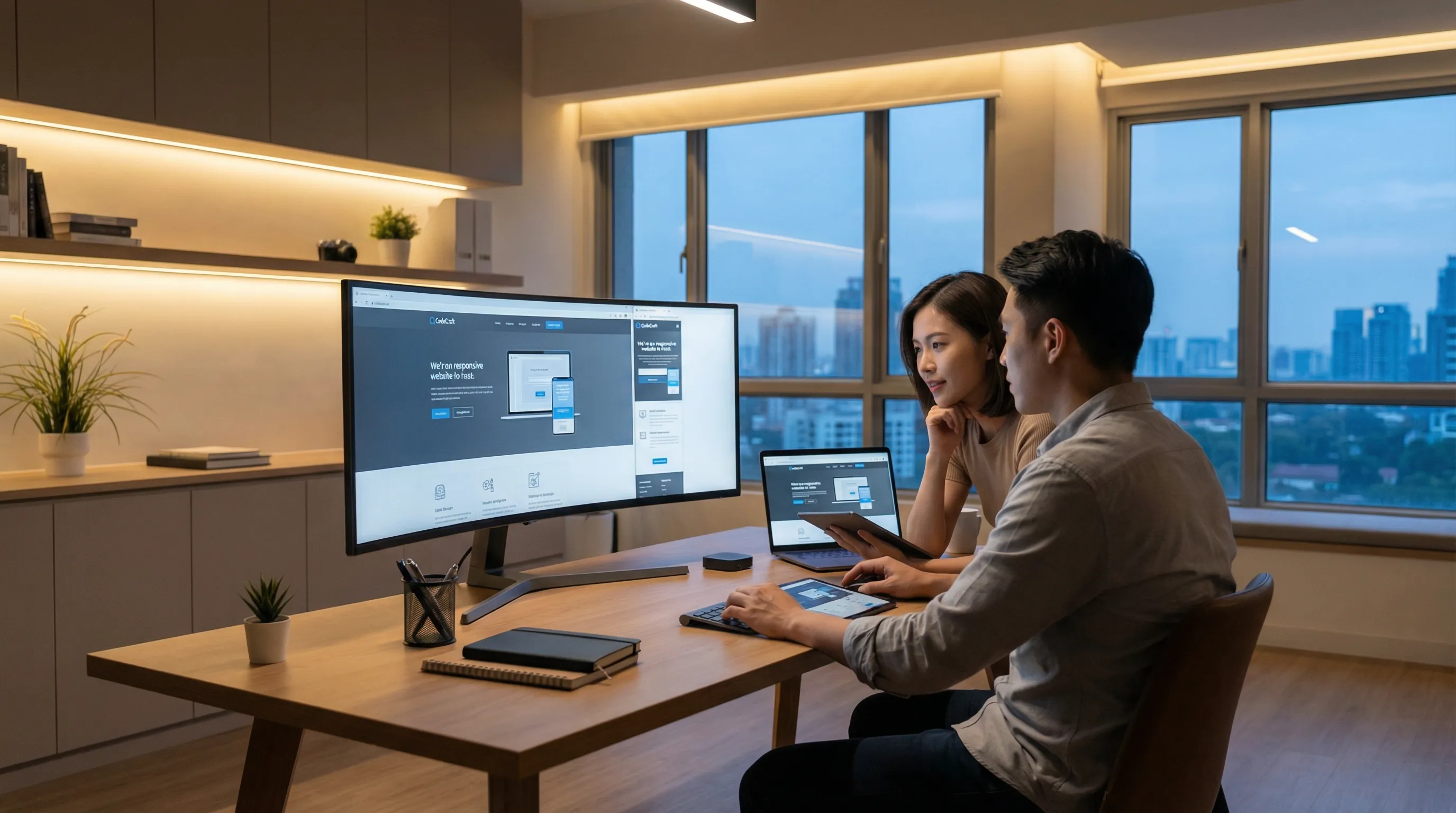 Modern web development studio with two developers collaborating at a sleek desk, reviewing a responsive website layout on multiple screens in a softly lit, professional setting.