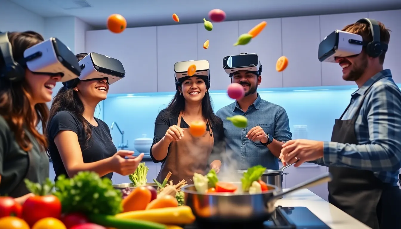 diverse players cooking in a virtual reality kitchen.