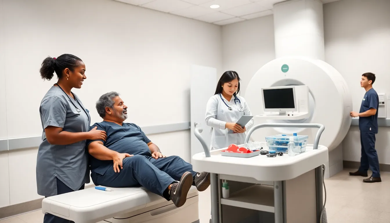 diverse radiology tech aides assisting patients in a modern hospital.