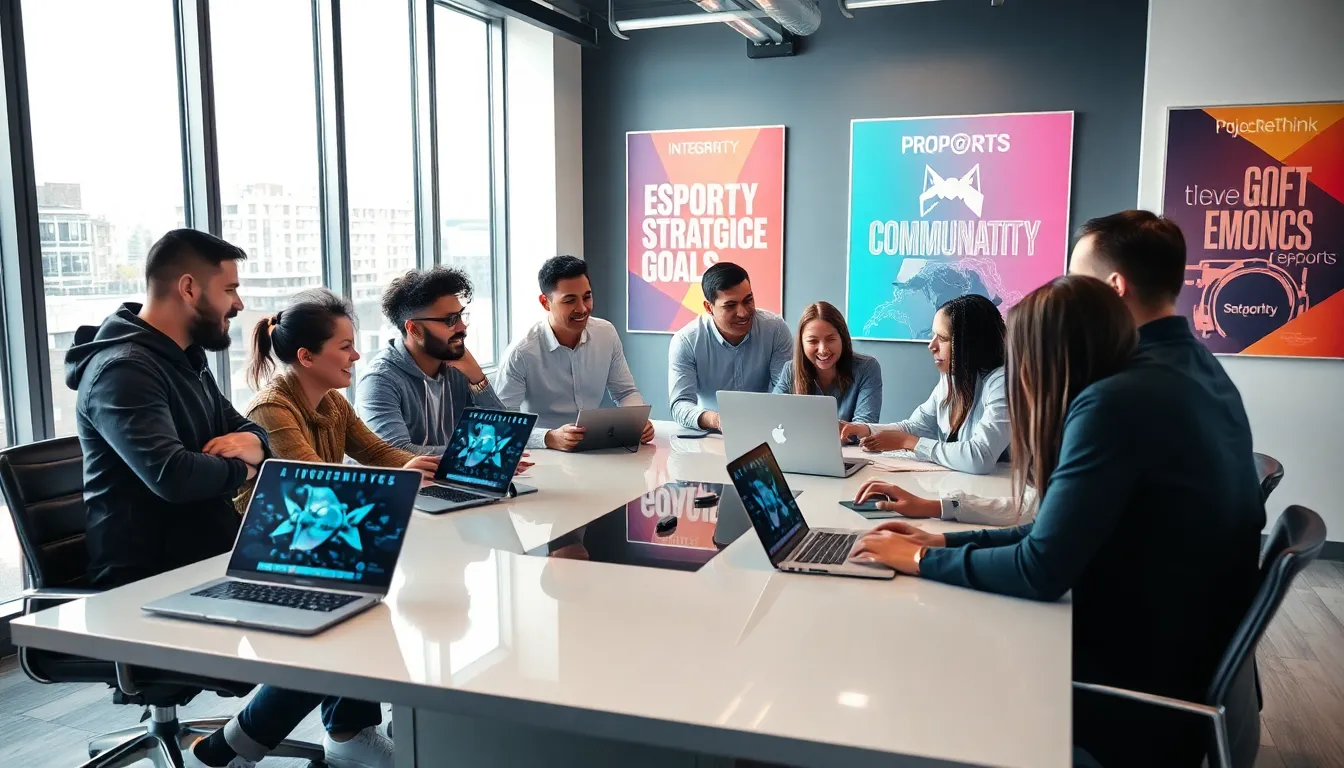 diverse esports team collaborating in a modern office setting.