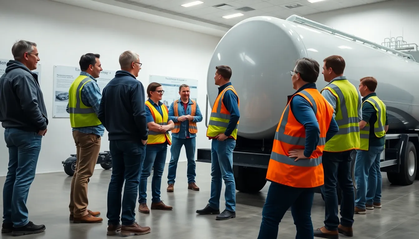 diverse truck drivers discussing tanker endorsement in a training facility.