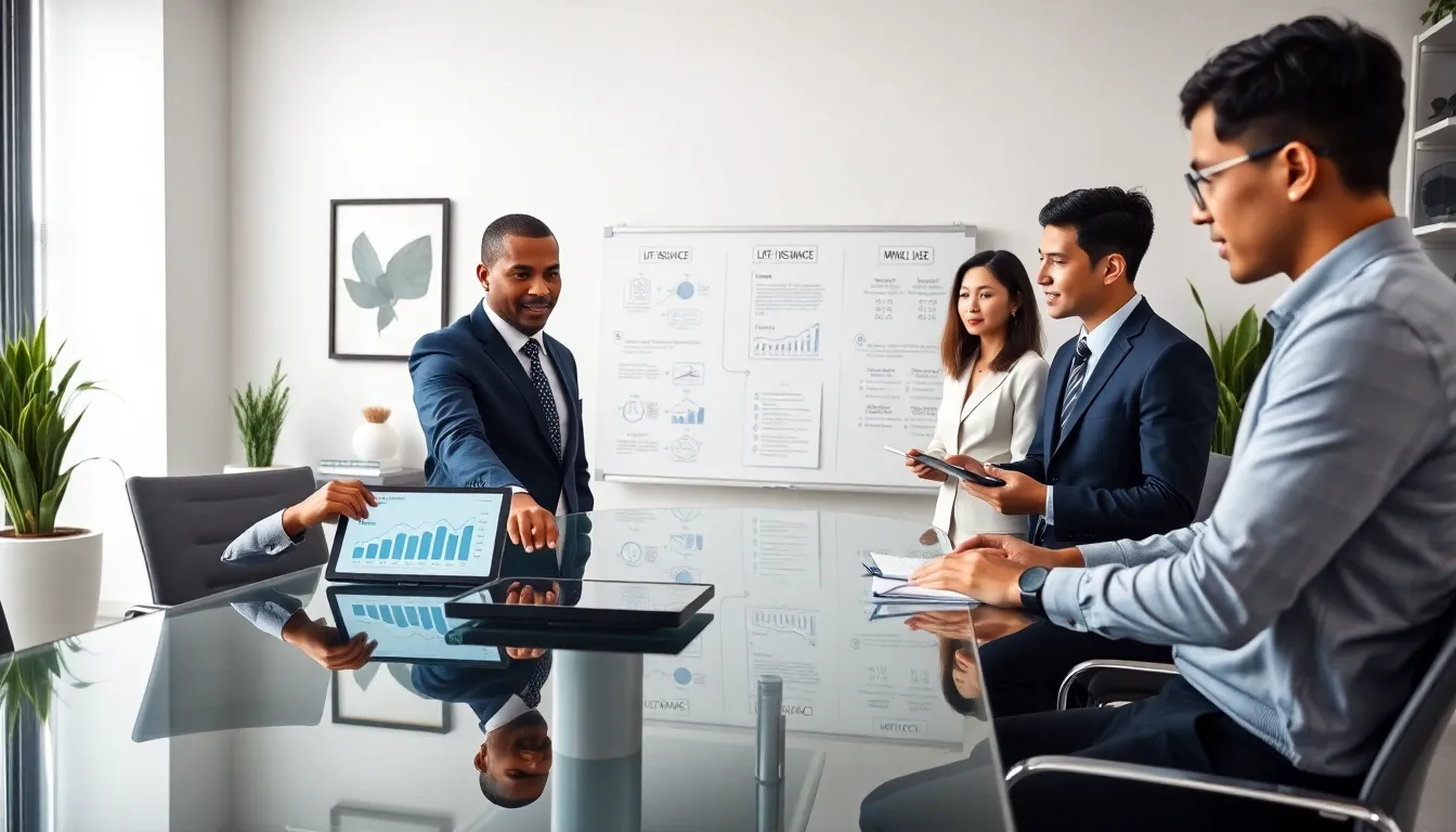diverse professionals discussing life insurance wealth building in a modern office.