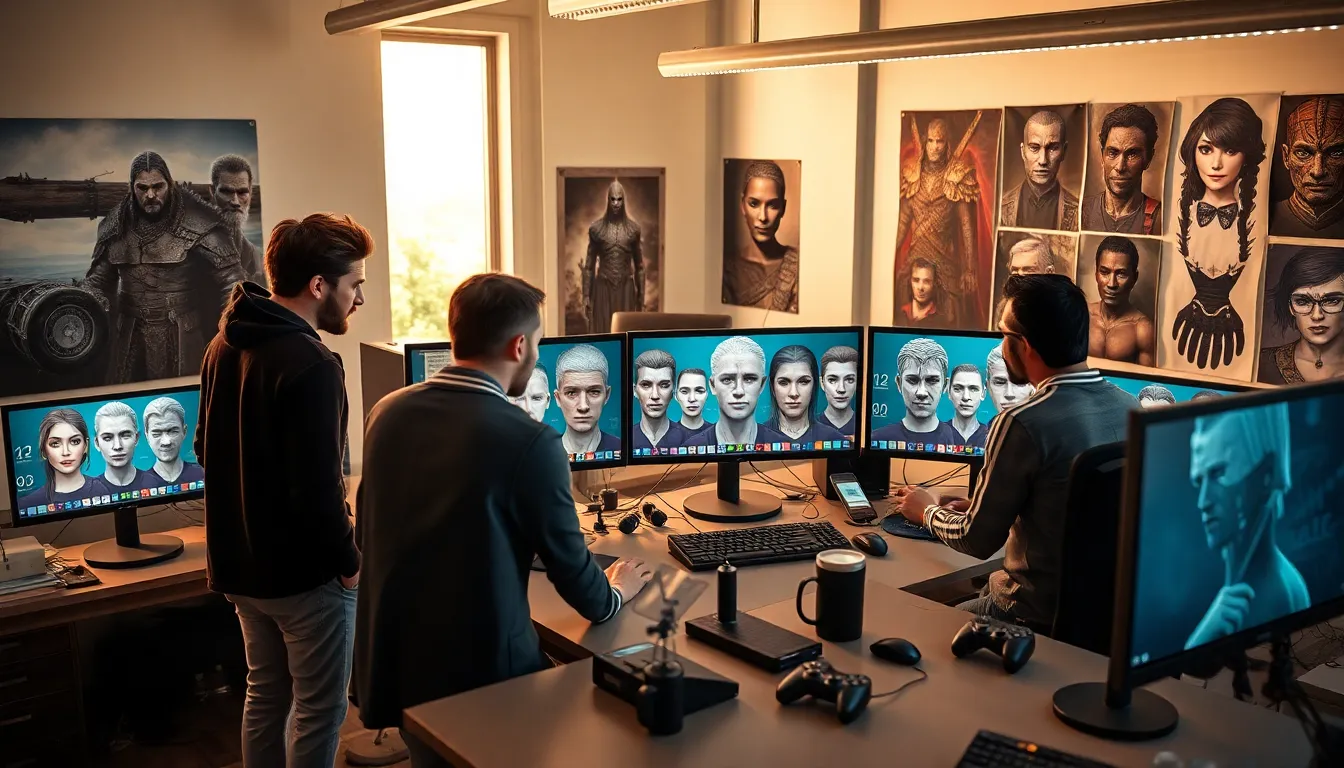 gamers collaborating on Skyrim face mask mods in a modern workspace.