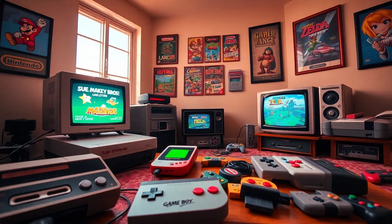 a nostalgic gaming room filled with iconic Nintendo gadgets and a vintage TV.