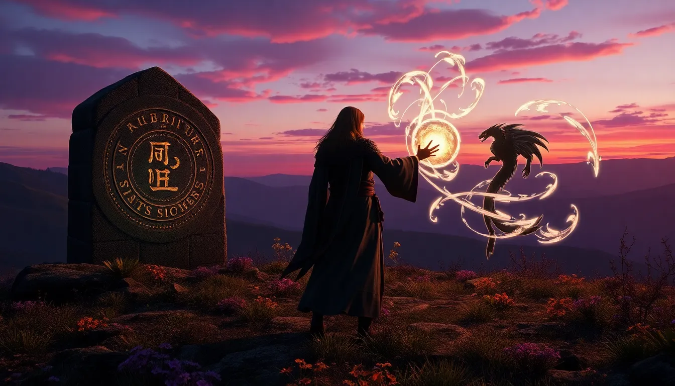 mage conjuring a creature near the Atronaut Stone in a fantasy landscape.