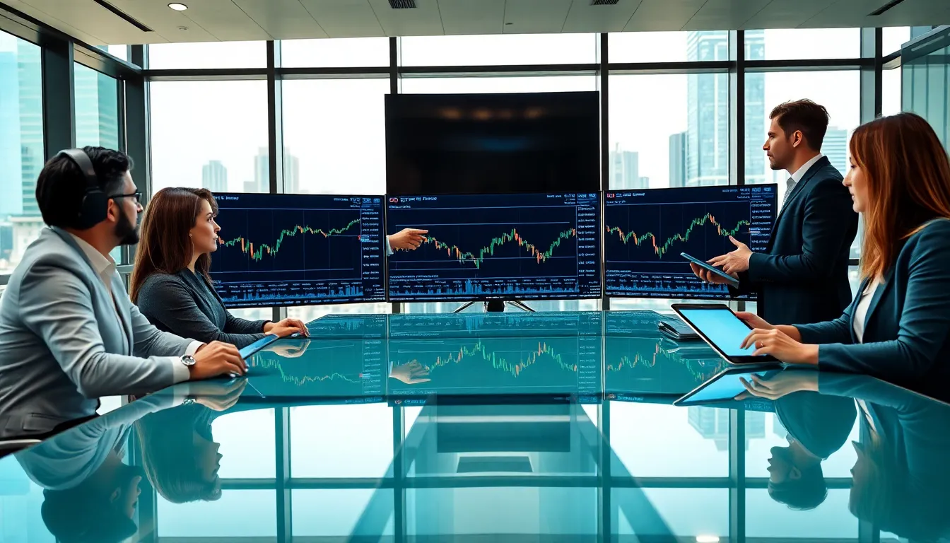 diverse professionals analyzing stock market data in a modern office.