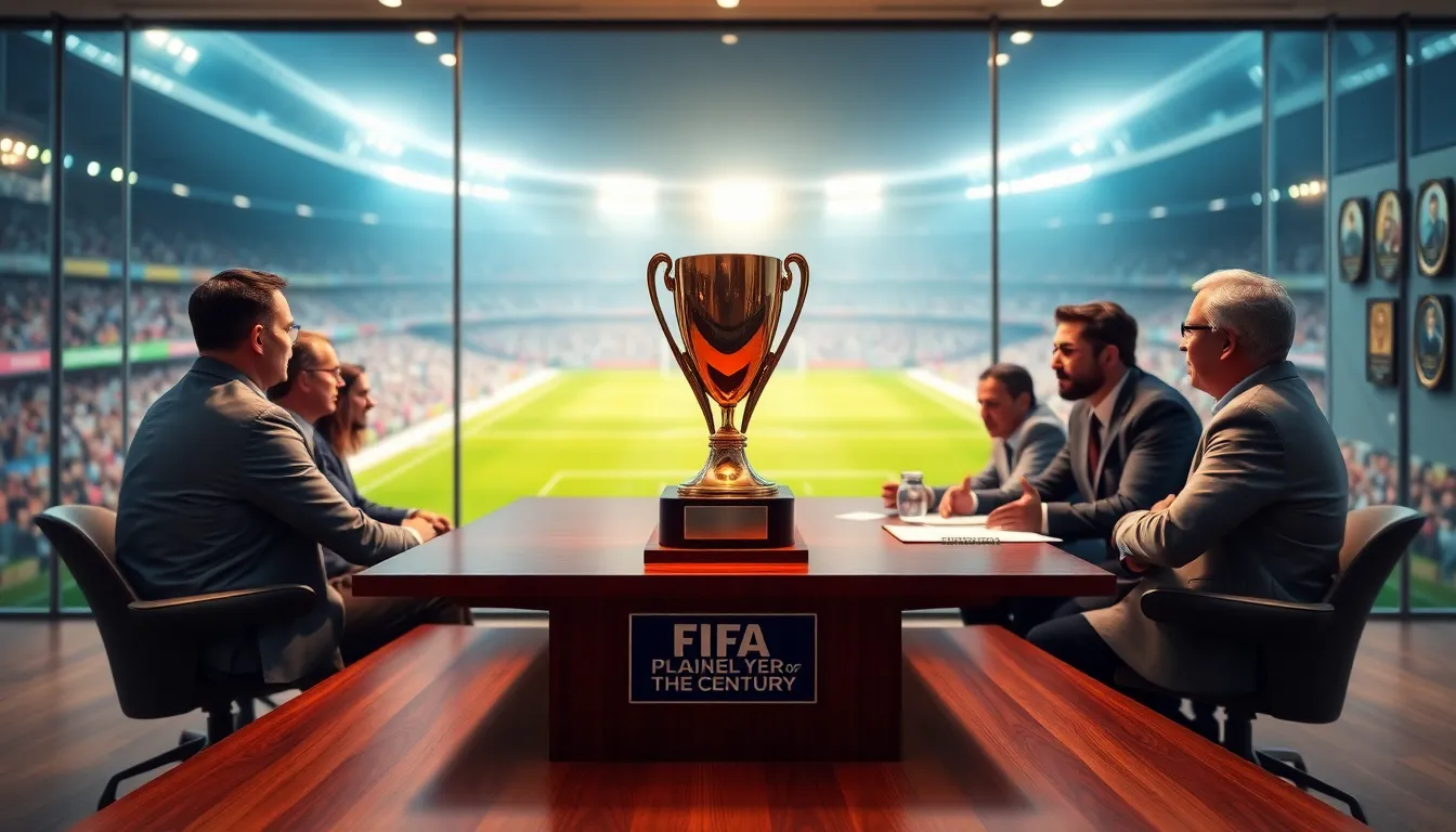 trophy representing FIFA Player of the Century with diverse experts discussing.