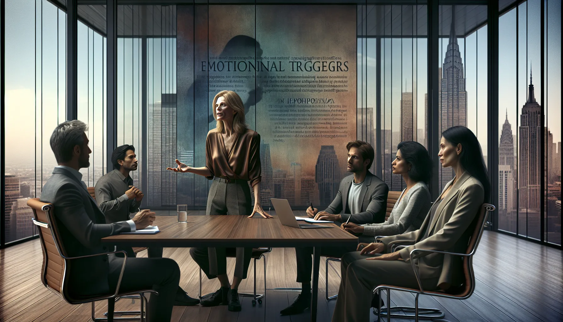 professionals discussing the emotional factors of signophenia in a conference room.