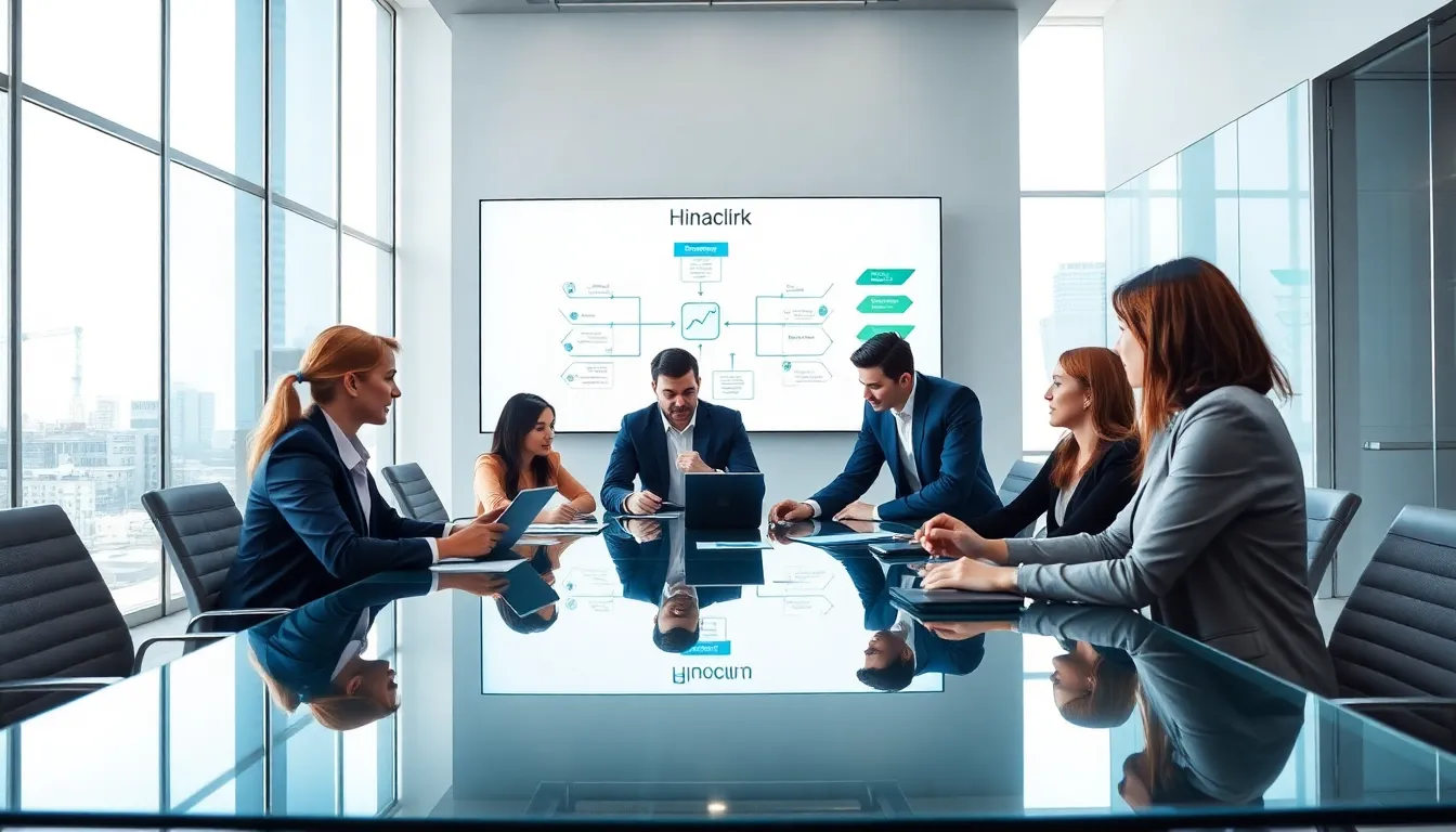 diverse team discussing Hlnaclrk in a modern office.