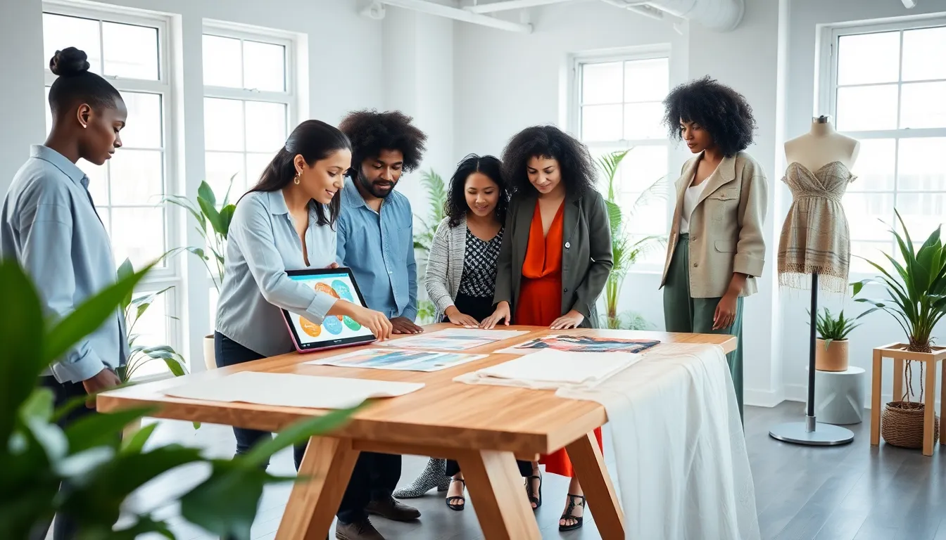 diverse team designing sustainable fashion in a modern studio.