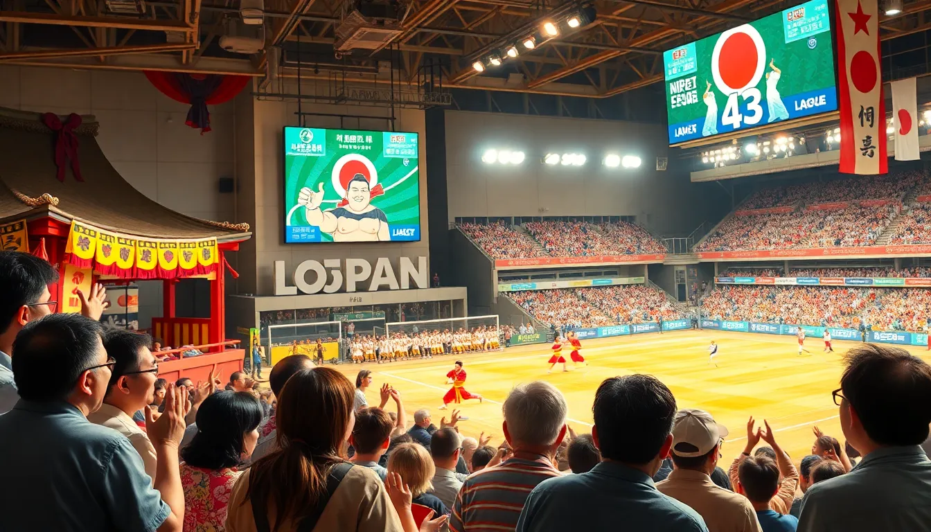 crowd enjoying a sumo wrestling match in a vibrant stadium.