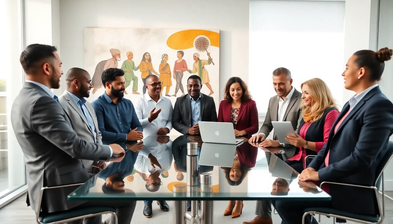 diverse team discussing cultural concepts in a modern office.
