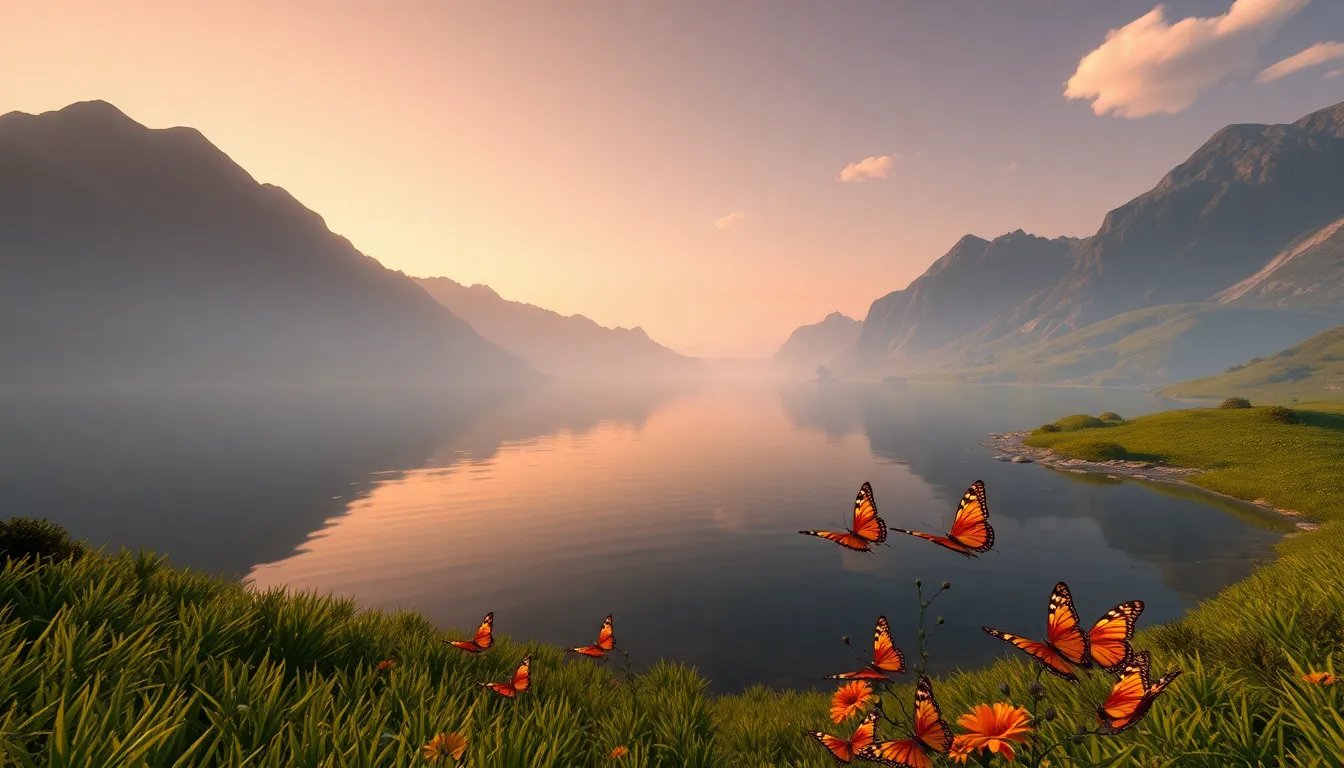 Lake Rumare at dawn with vibrant colors and tranquil scenery.