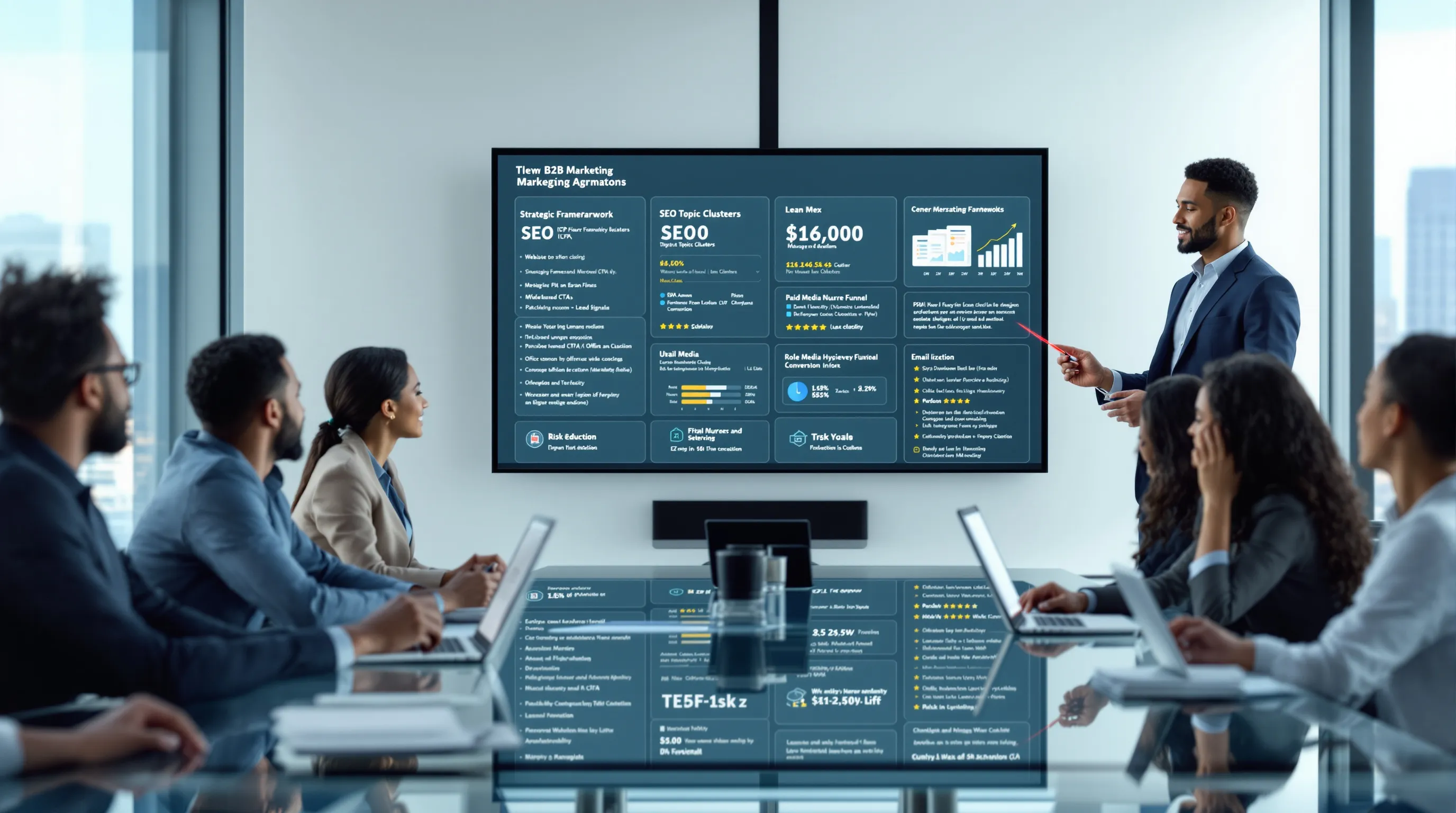 Diverse marketing team reviews dashboards and wireframes in a modern US office.