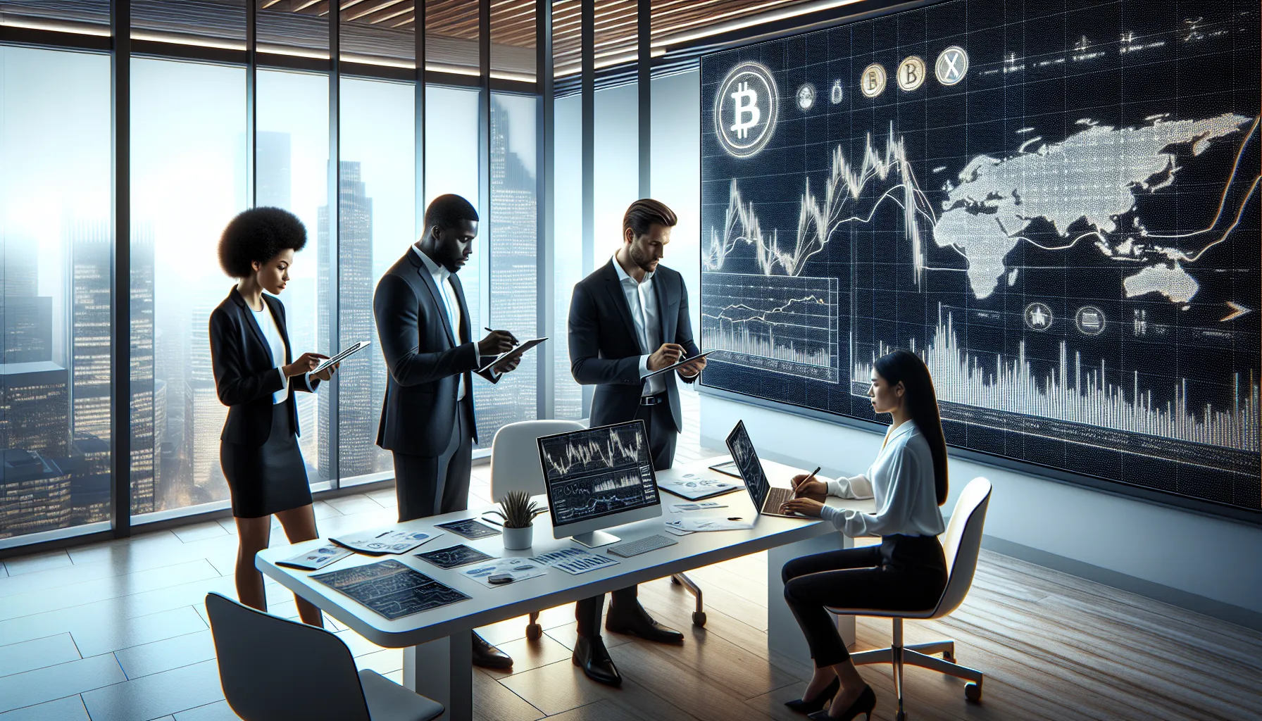 diverse analysts discussing cryptocurrency investments in a modern office.