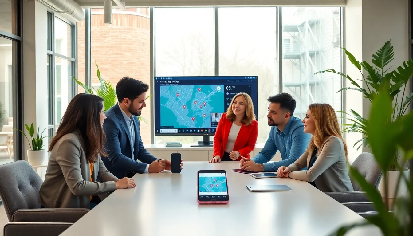 professionals demonstrating T-Mobile's device tracking feature in a modern office.