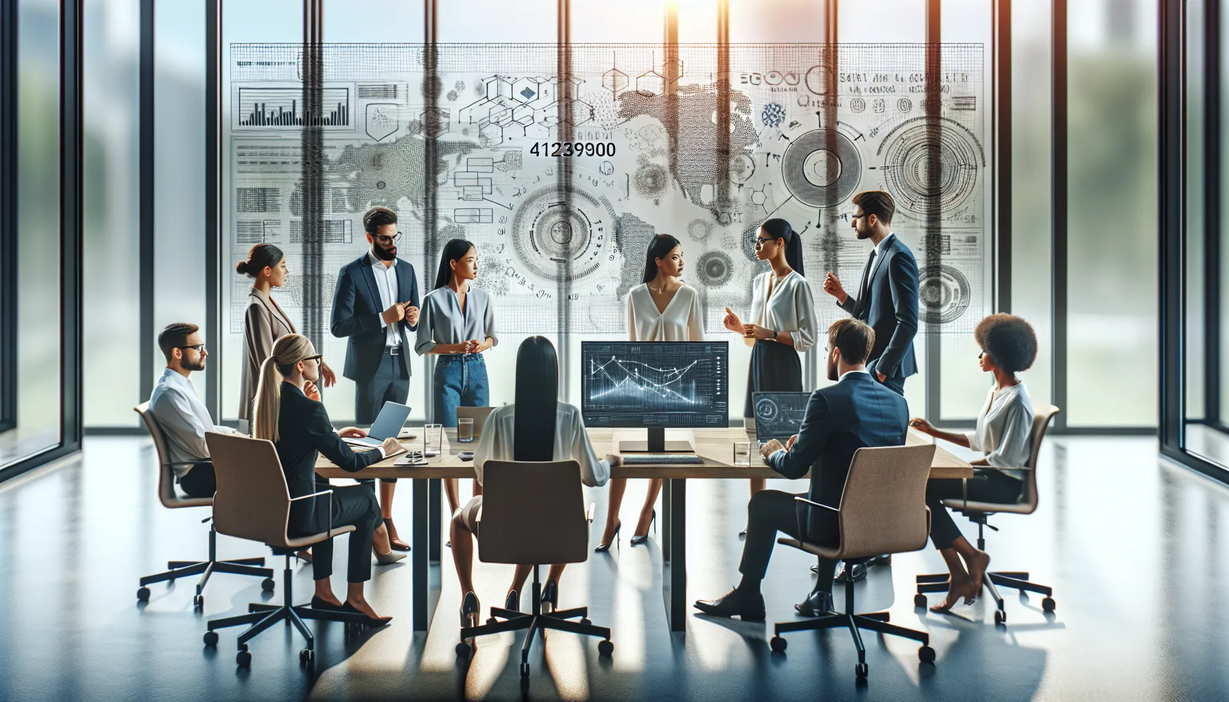 diverse professionals discussing technology in a modern office.