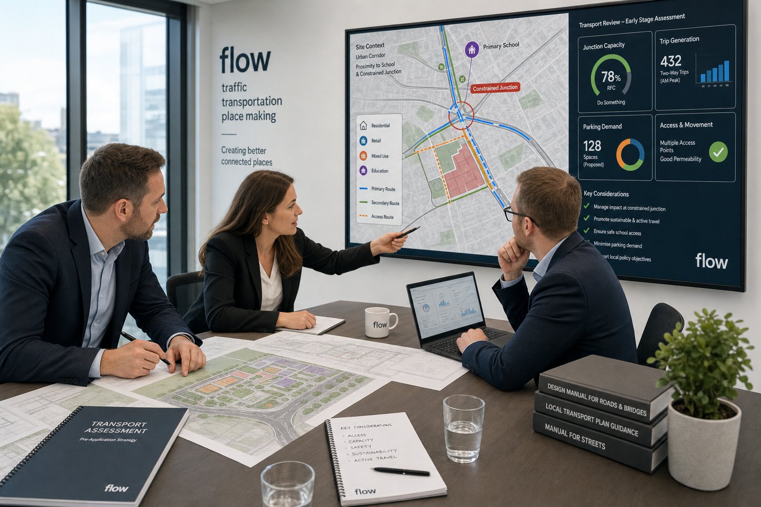 UK consultants reviewing traffic plans for a development project in an office.