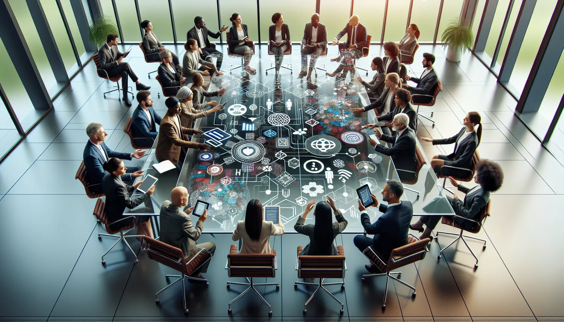 diverse team discussing themes of identity and community in a modern office.