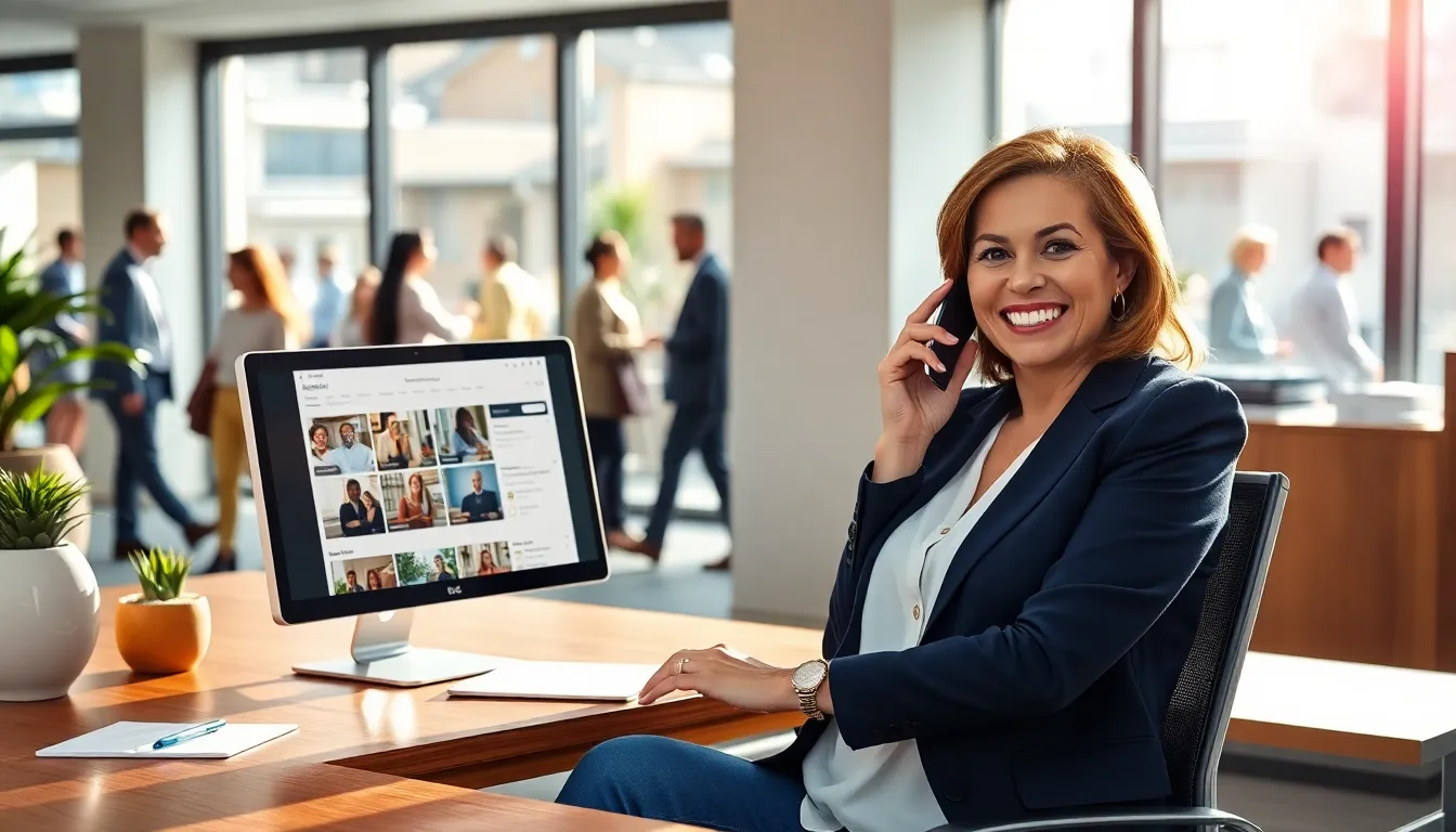 A real estate manager communicating in a bright office setting.