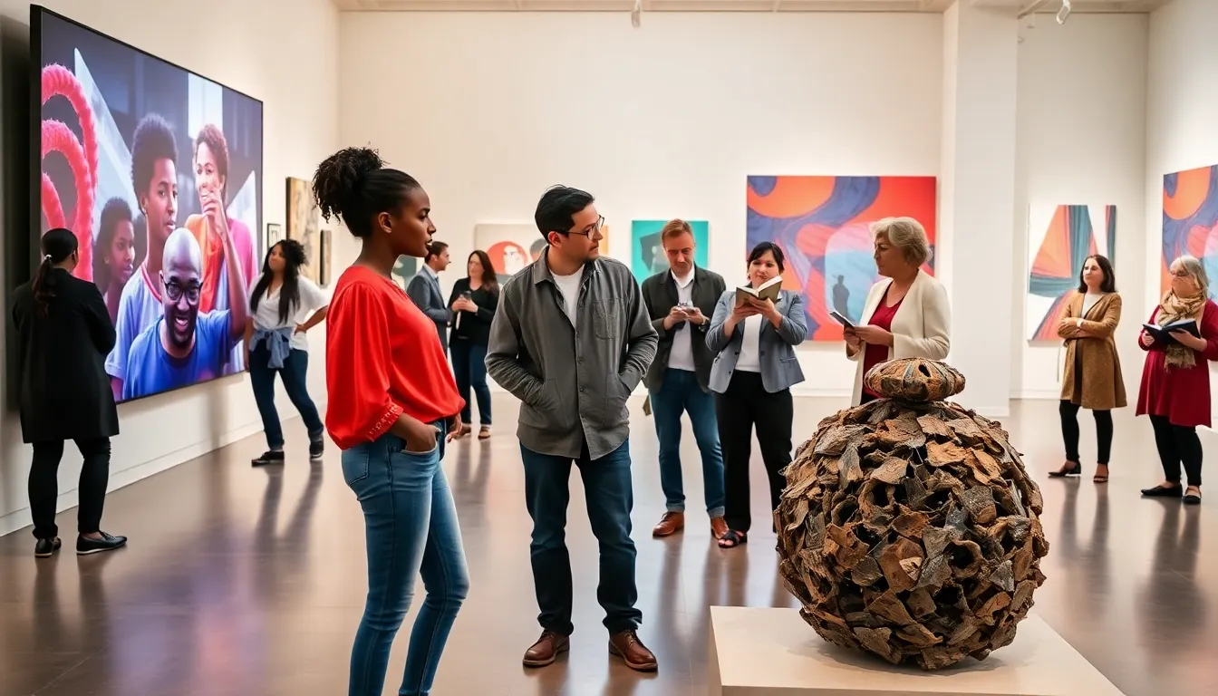 diverse visitors exploring contemporary art in a modern gallery.