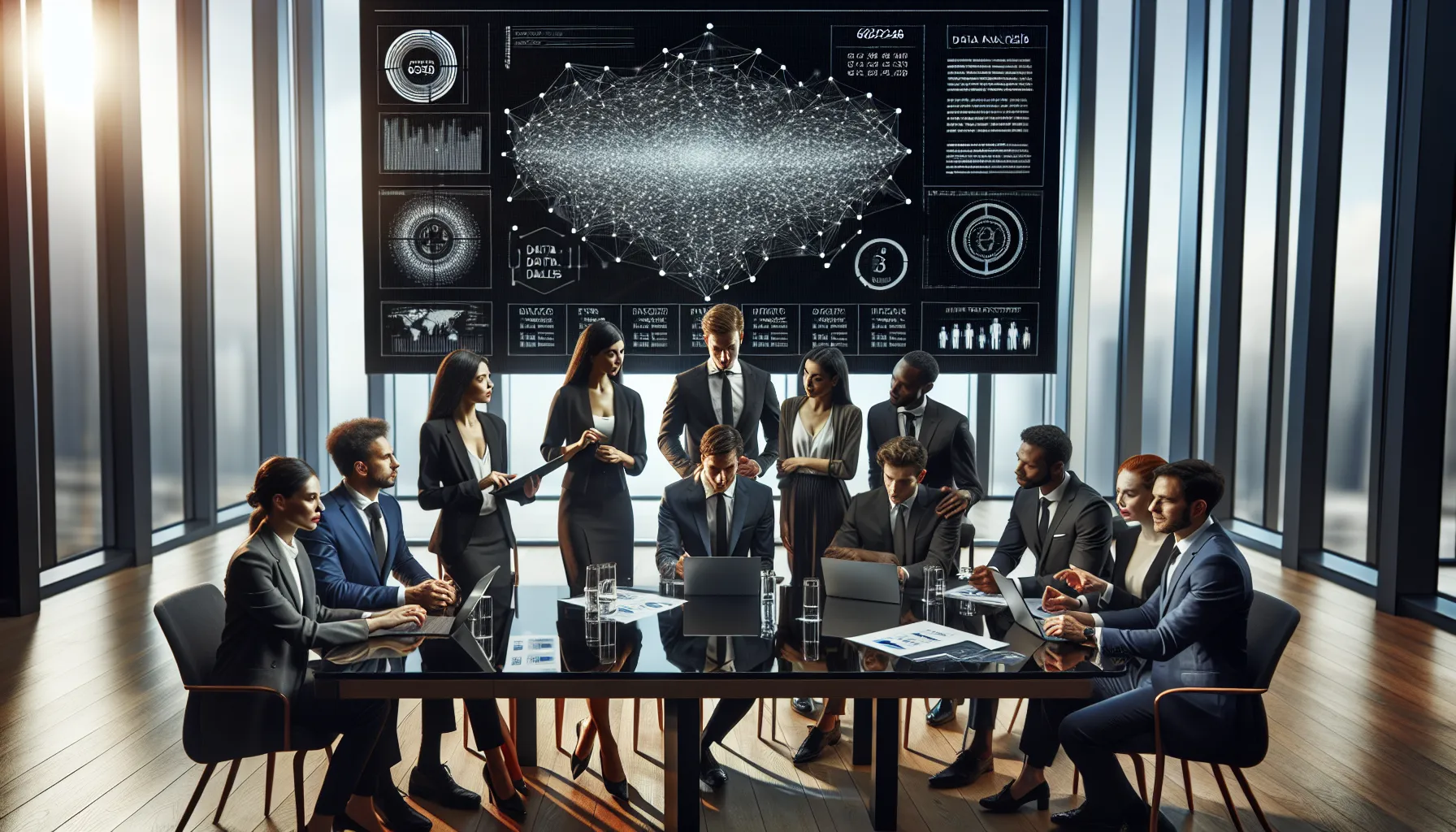 diverse team discussing data analytics in a modern office.