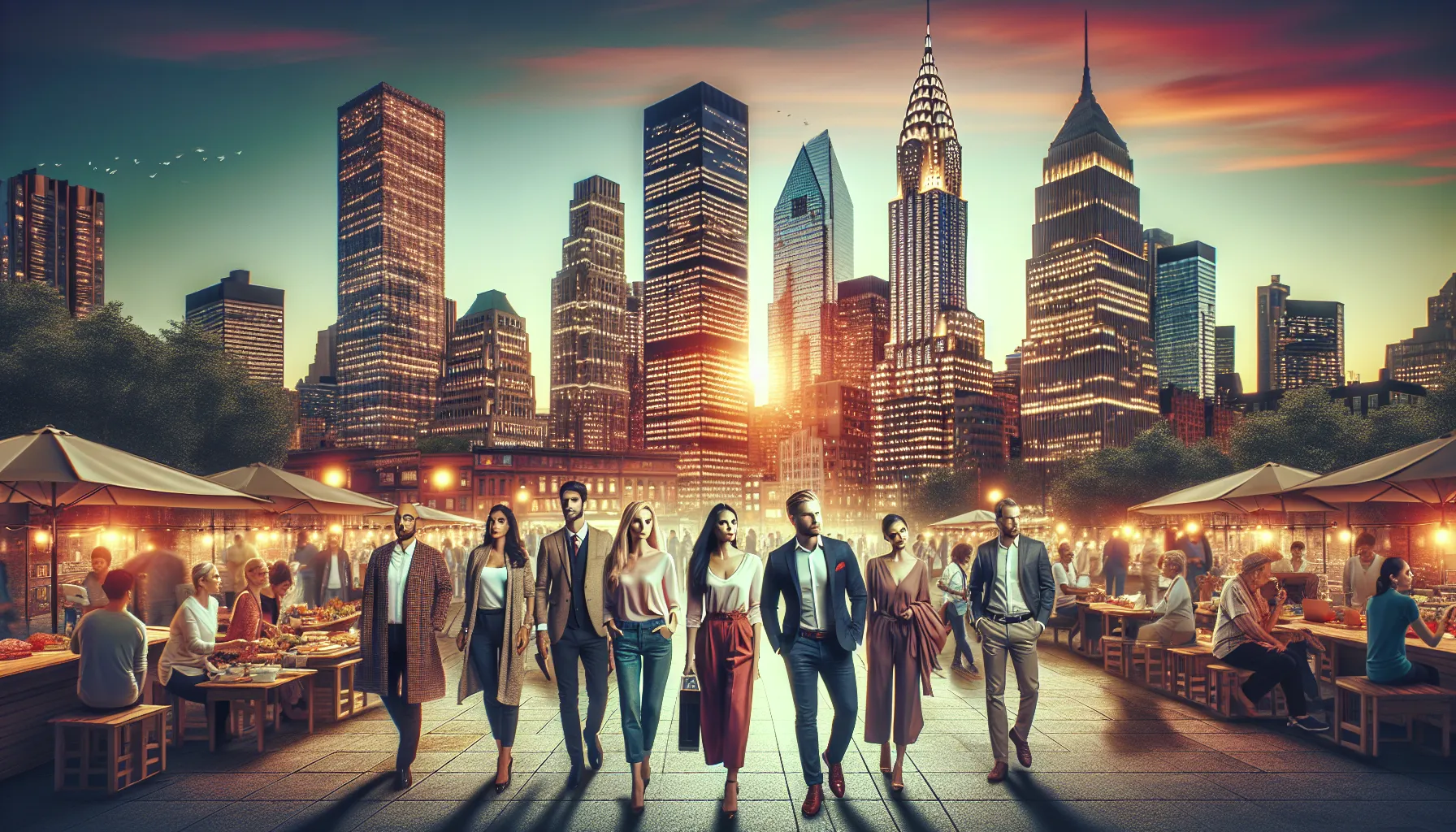 New York City skyline with diverse people enjoying street life.