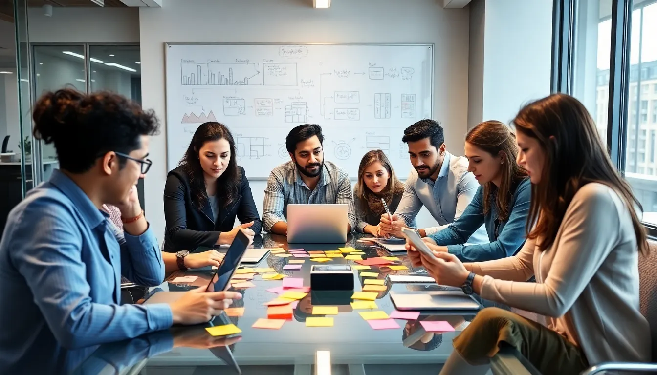 diverse startup team collaborating in a modern office.