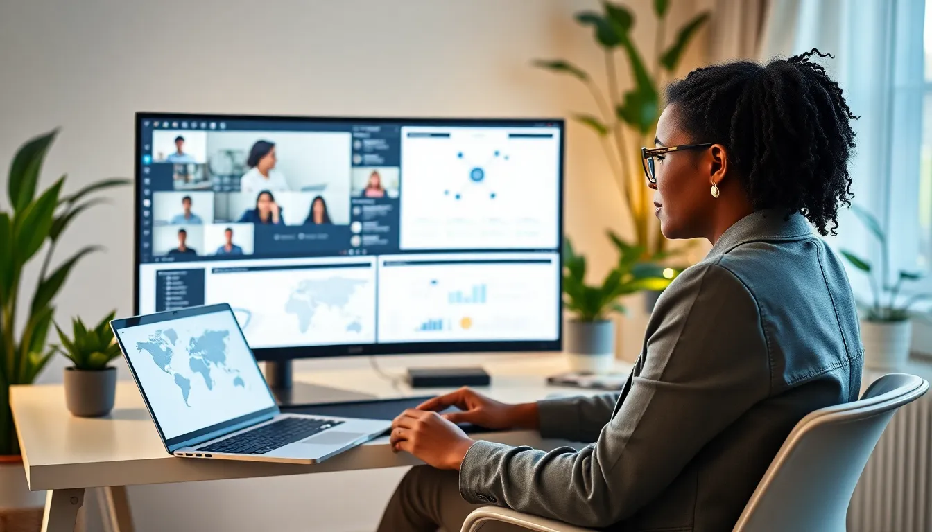 woman on a video call in a modern home office.