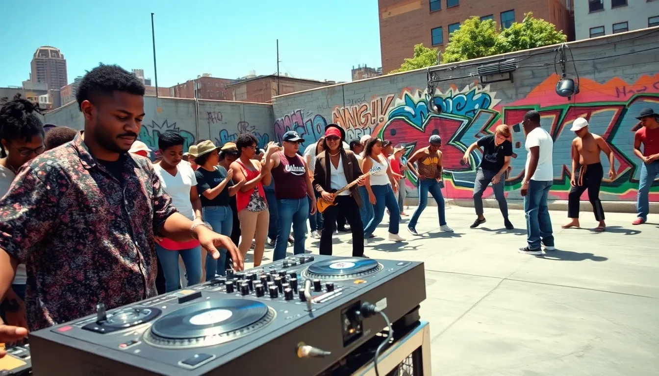DJ mixing at a block party with dancers and graffiti in the Bronx.