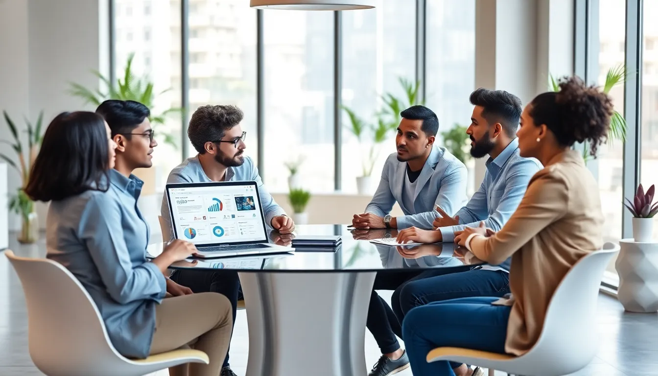 diverse team collaborating in a modern office on digital marketing tools.