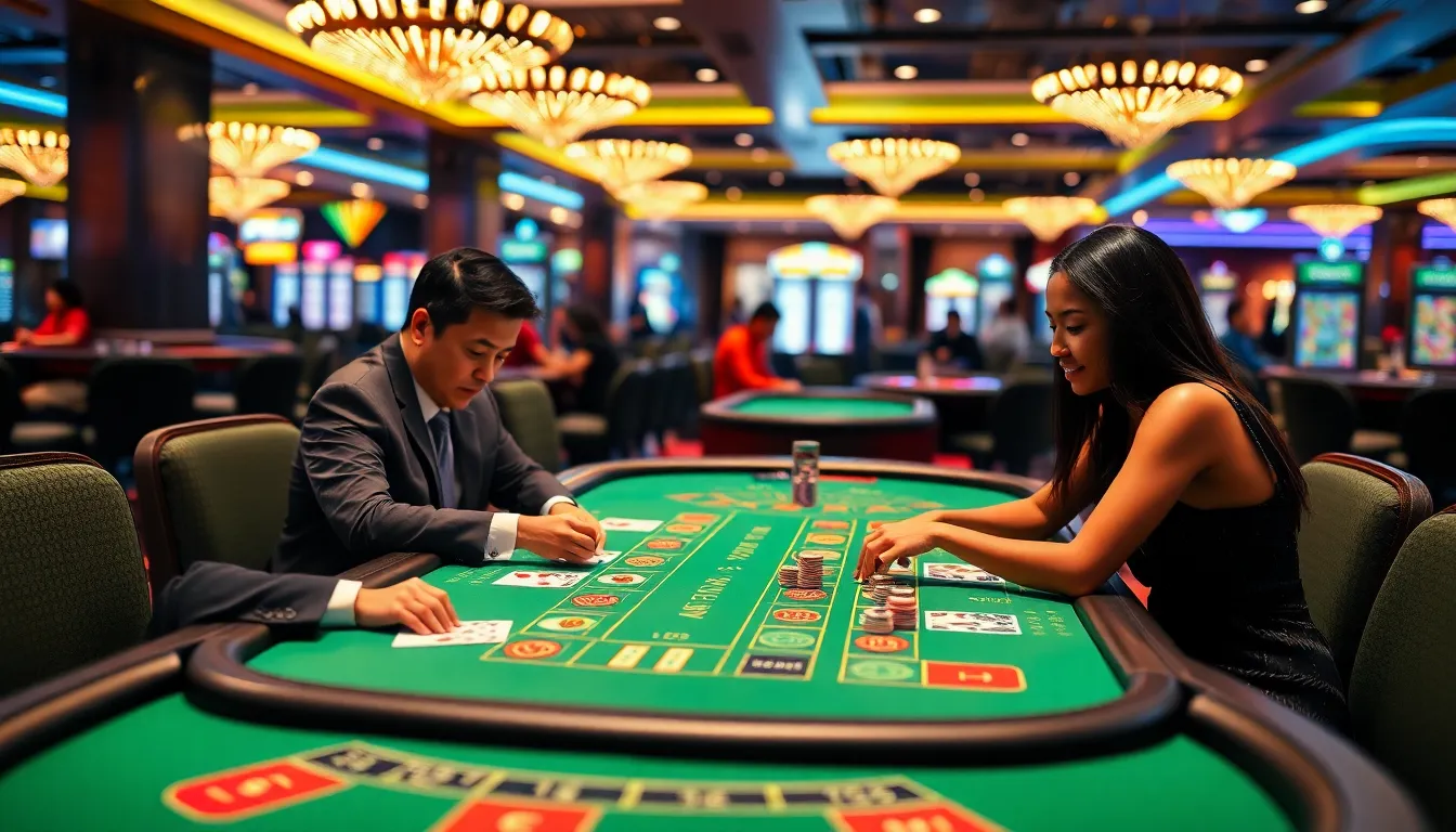 diverse players enjoying a casino table game in a vibrant setting.