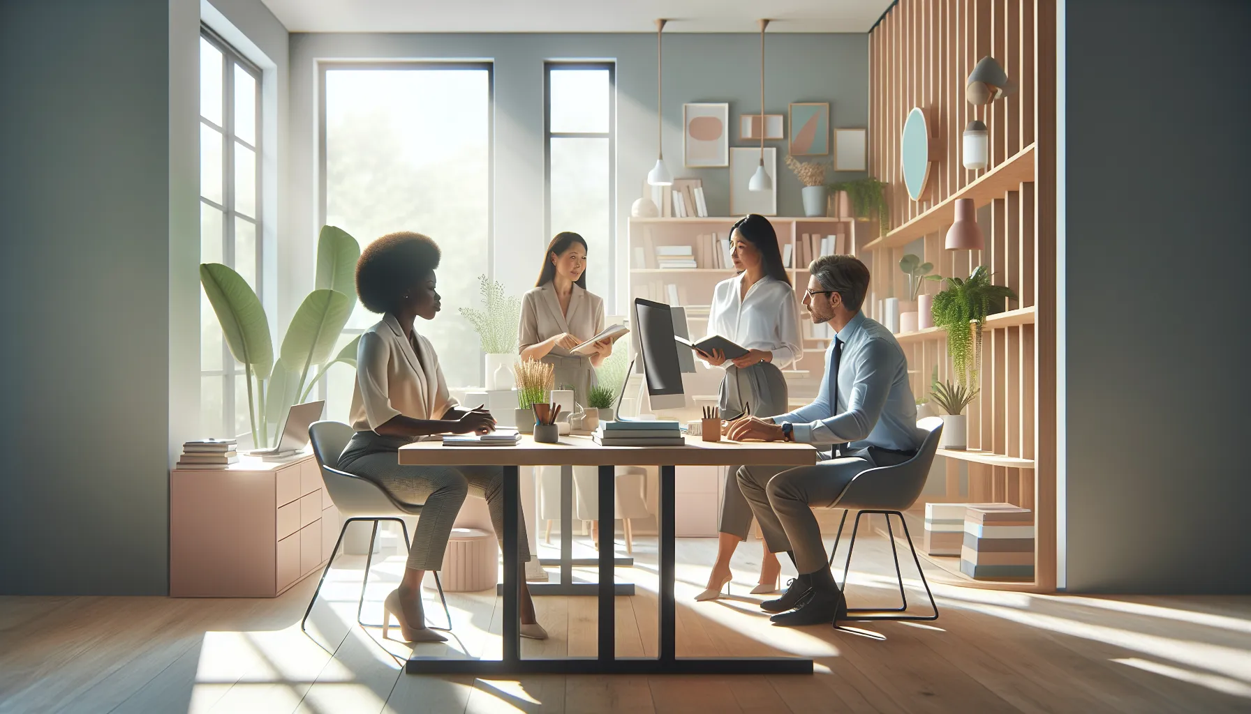 diverse team in a calming home office discussing self-care benefits.